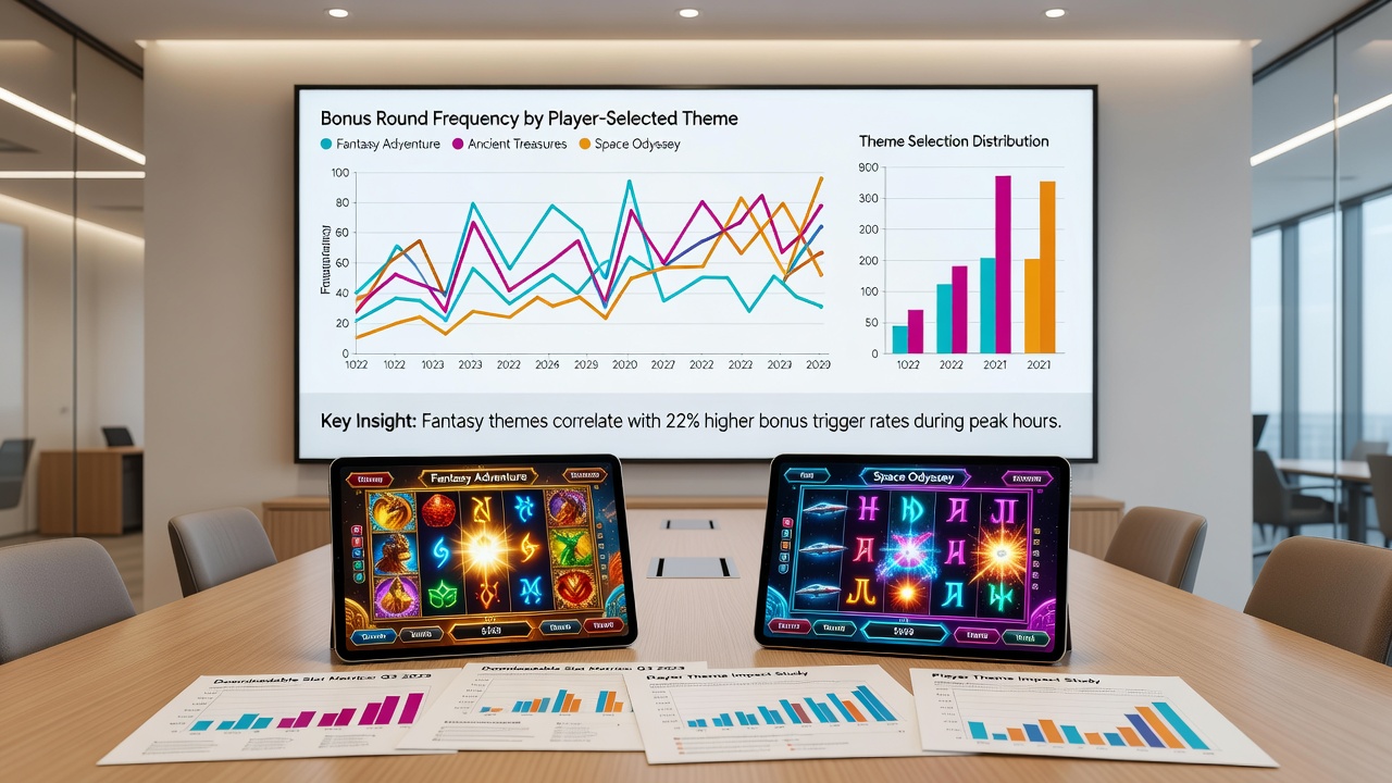 Graphical representation of bonus frequency variations linked to theme choices in French-language slots